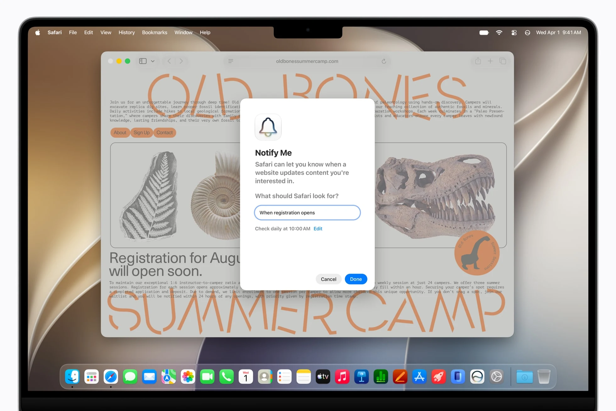 Safari muestra la función Notificarme de Apple Intelligence en la pantalla de un MacBook Pro.