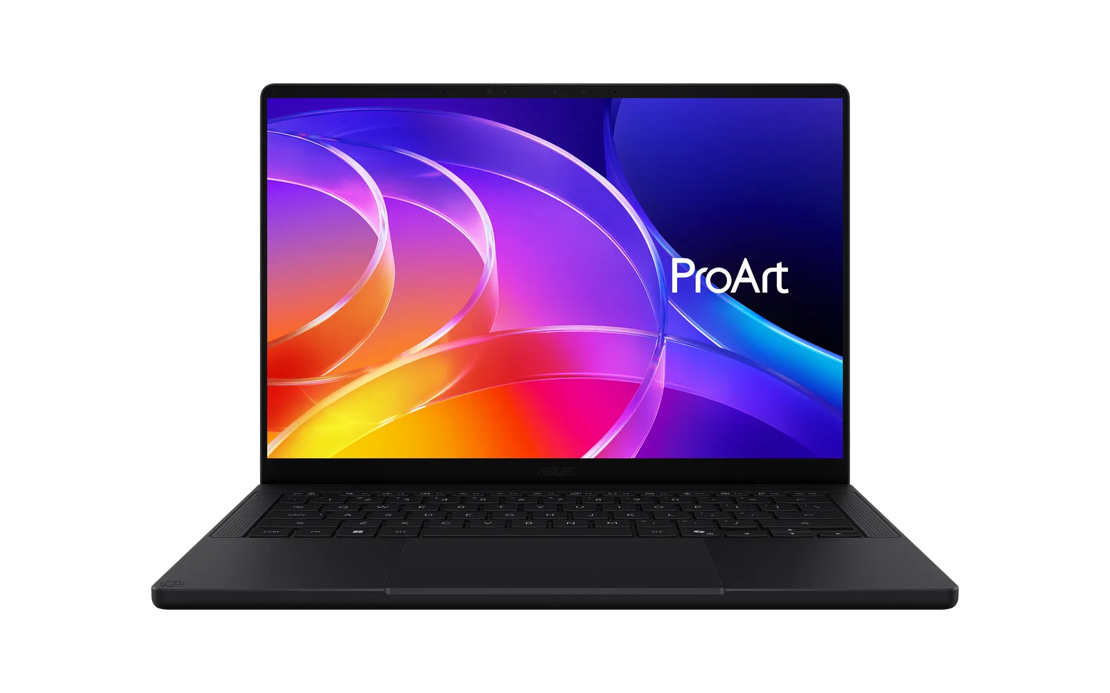 Portátil ASUS ProArt P14 abierto de frente, con una imagen abstracta de colores vivos en la pantalla