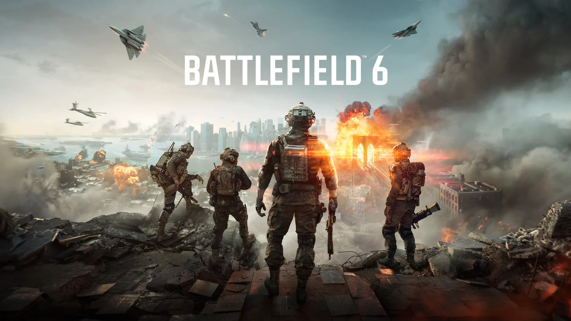 Key art oficial de Battlefield 6: cuatro soldados ante una ciudad en llamas, aviones y el título del videojuego.