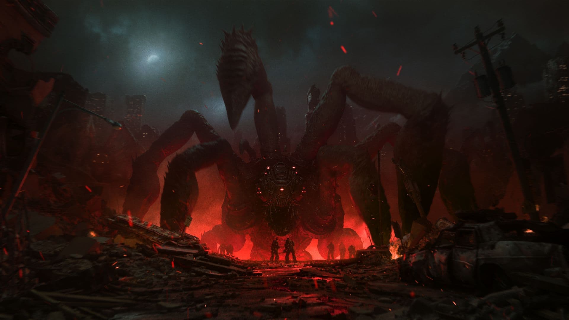 Dos soldados se enfrentan a una gigantesca criatura Locust en una ciudad iluminada por incendios, en una imagen oficial de Gears of War: E-Day.