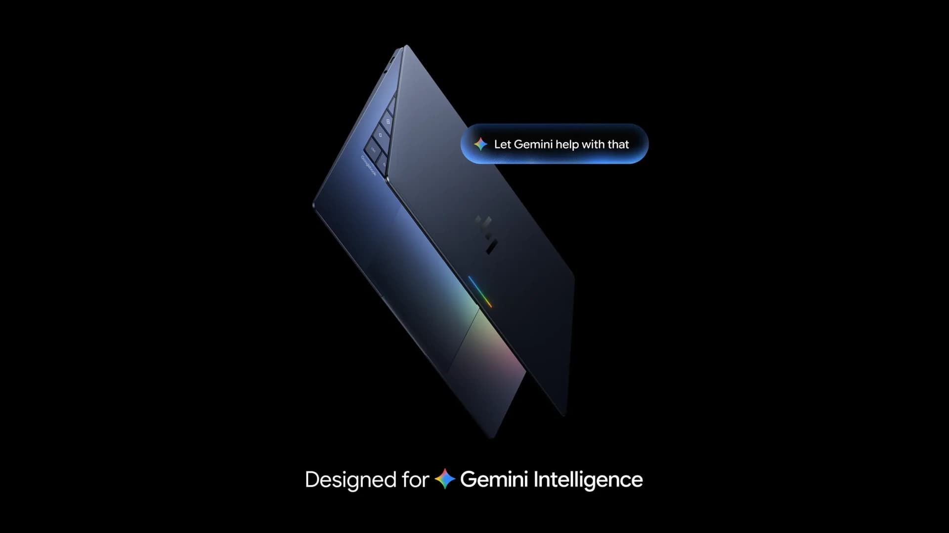 Visual oficial de un portátil Googlebook abierto, con su barra luminosa y un mensaje de Gemini junto al equipo.