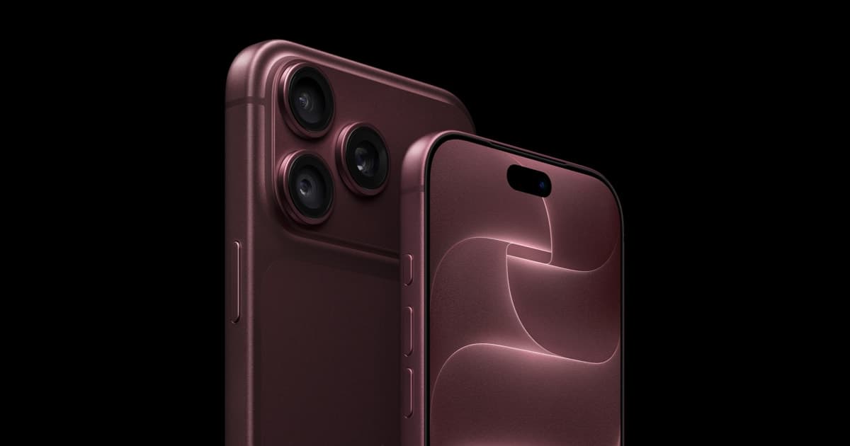 Imagen oficial de Apple con la parte trasera de un iPhone 18 Pro Max y la delantera de un iPhone 18 Pro, ambos en burdeos.
