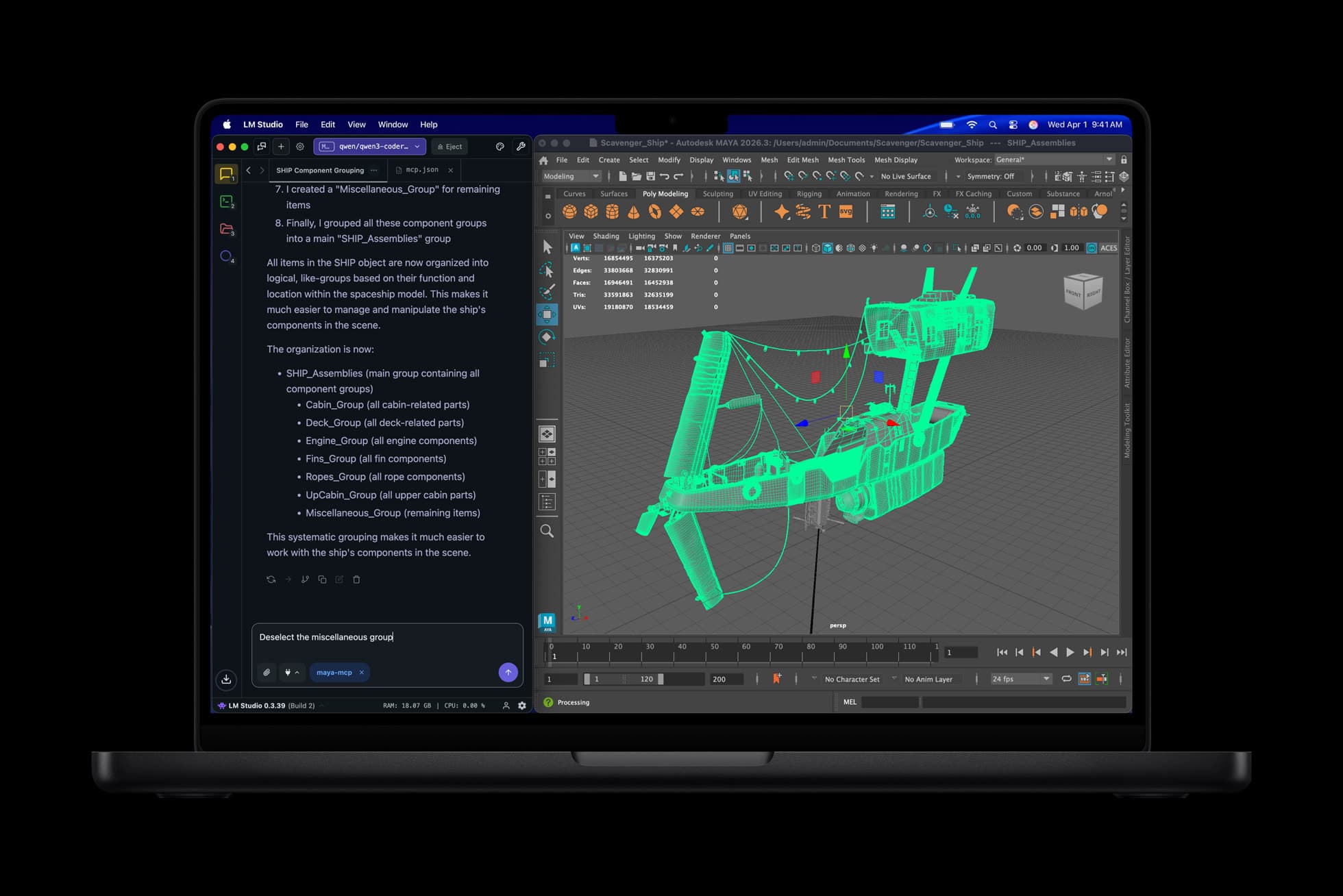 Imagen oficial de un MacBook Pro con LM Studio y Autodesk Maya abiertos, publicada por Apple.