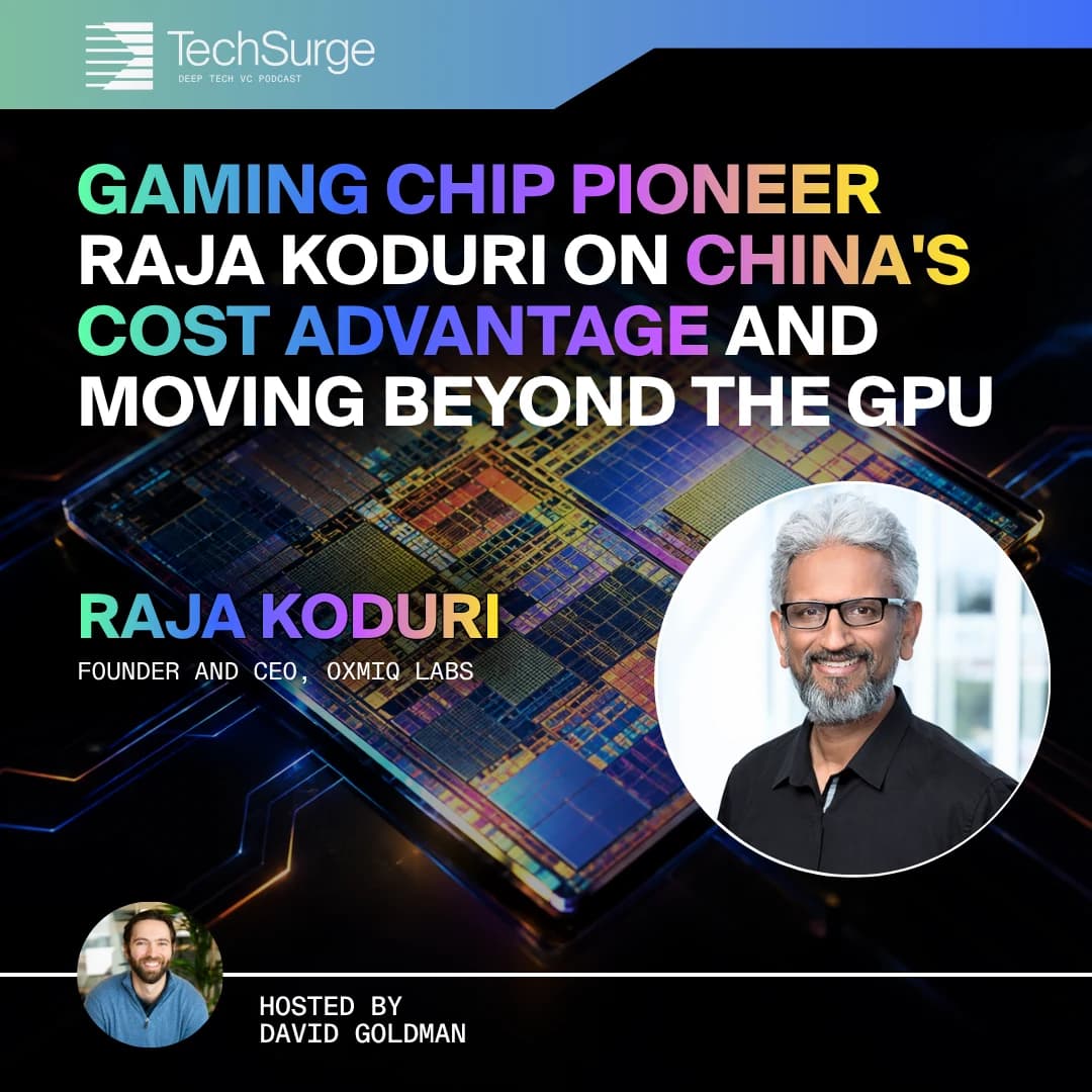 Arte oficial de TechSurge para el episodio con Raja Koduri sobre chips de IA, costes y el futuro más allá de las GPU.