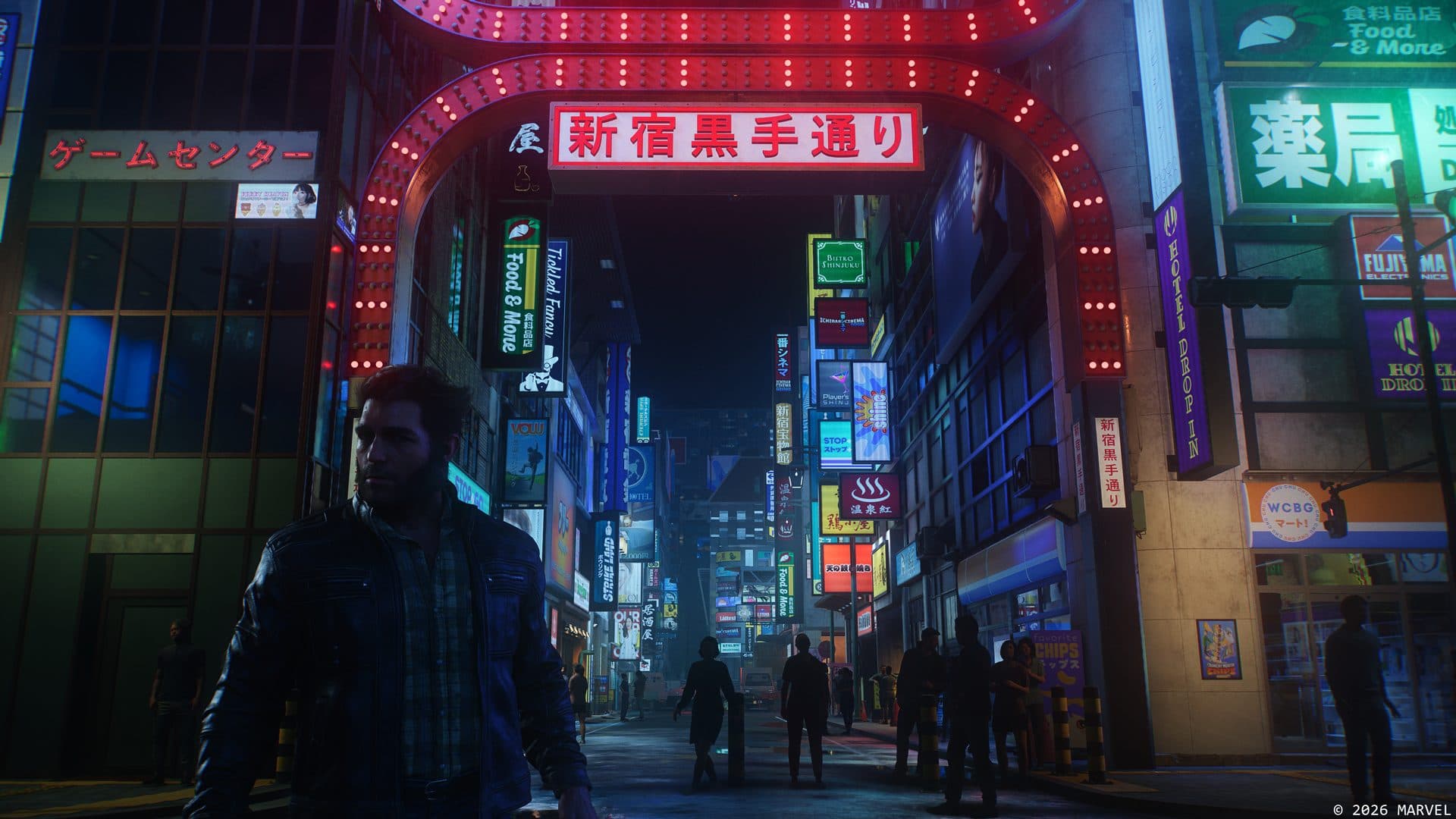 Captura oficial de Marvel’s Wolverine, con Logan en una calle nocturna de Tokio.